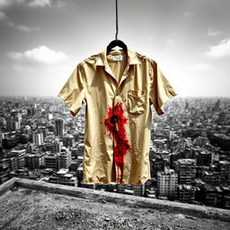 A graphic design poster featuring a much blood-stained beige shirt, with a bullet hole going through it, hanging on a rope from a rooftop
