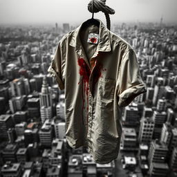 A graphic design poster featuring a much blood-stained beige shirt, with a bullet hole going through it, hanging on a rope from a rooftop