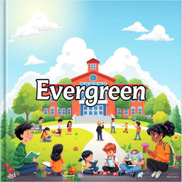 A vibrant and inviting cover design for Evergreen Middle School, showcasing the school's name prominently in an attractive and modern font