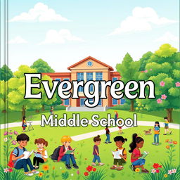 A vibrant and inviting cover design for Evergreen Middle School, showcasing the school's name prominently in an attractive and modern font