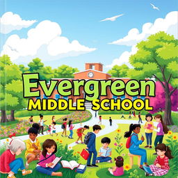 A vibrant and inviting cover design for Evergreen Middle School, showcasing the school's name prominently in an attractive and modern font