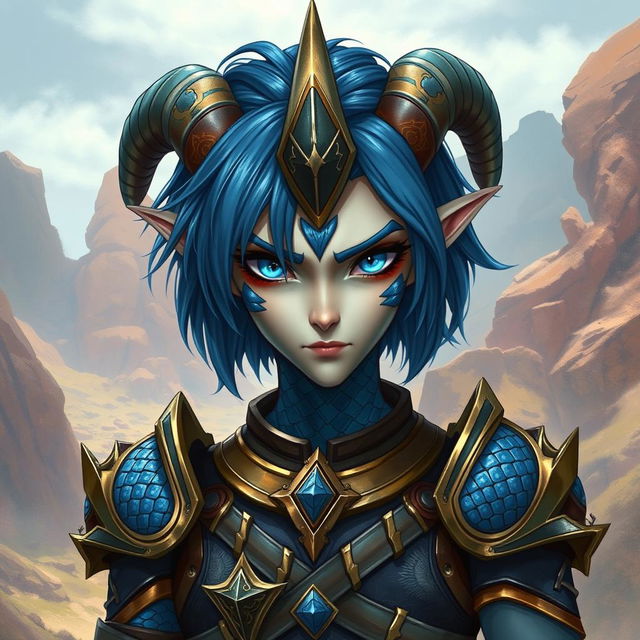 A male Au Ra character, depicted from the waist up, featuring medium length blue hair that trusses elegantly around his head