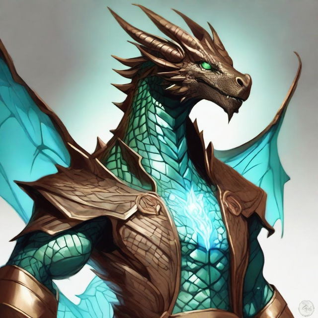 A superior quality dyd style digital art portraying a humanoid bronze dragon, his copper-colored scales casting a light blue sheen