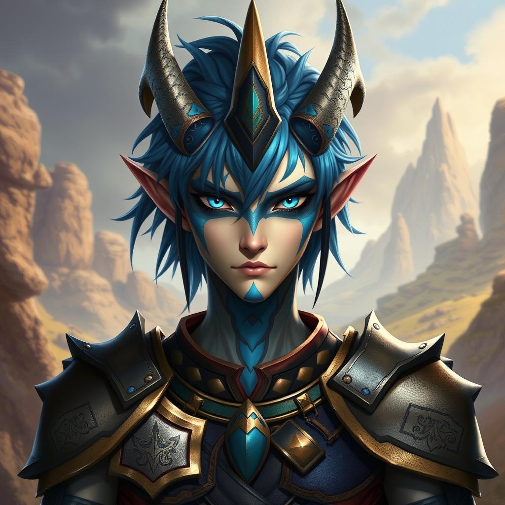 A male Au Ra character, depicted from the waist up, featuring medium length blue hair that trusses elegantly around his head