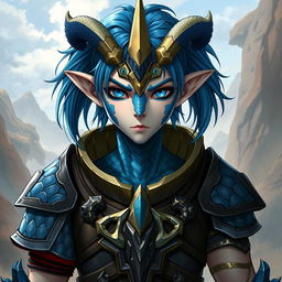 A male Au Ra character, depicted from the waist up, featuring medium length blue hair that trusses elegantly around his head