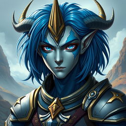 A male Au Ra character, depicted from the waist up, featuring medium length blue hair that trusses elegantly around his head