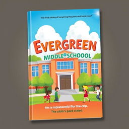 A vibrant and engaging book cover design featuring Evergreen Middle School as the central focus