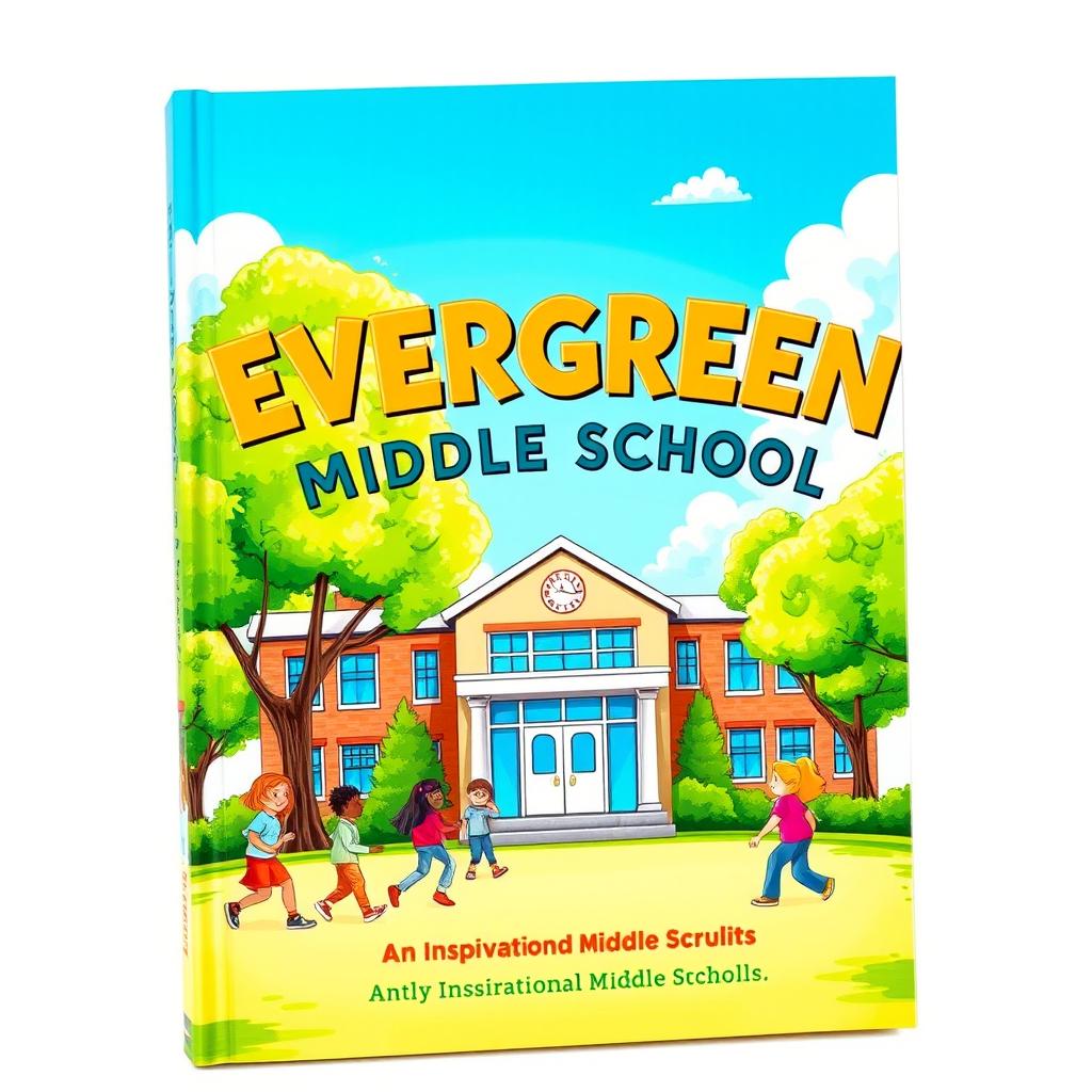 A vibrant and engaging book cover design featuring Evergreen Middle School as the central focus