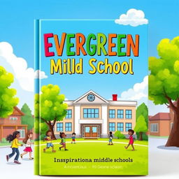 A vibrant and engaging book cover design featuring Evergreen Middle School as the central focus