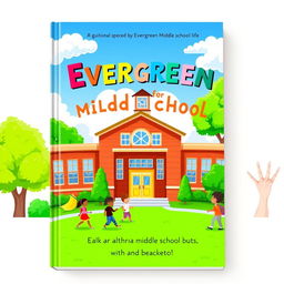 A vibrant and engaging book cover design featuring Evergreen Middle School as the central focus