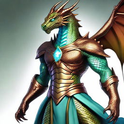 A stunning dyd style digital art that illustrates a humanoid bronze dragon with copper-colored scales, exuding a light blue sheen