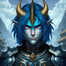 A male Au Ra character, visualized from the waist up, featuring medium length blue hair cascading around his face