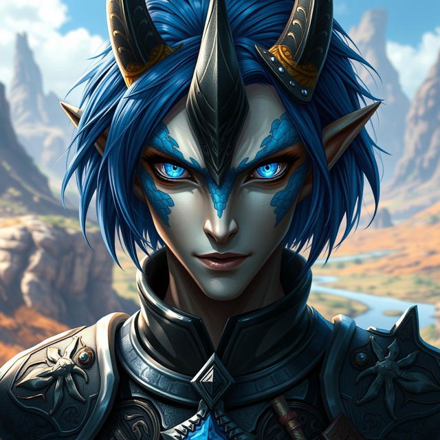 A male Au Ra character, visualized from the waist up, featuring medium length blue hair cascading around his face
