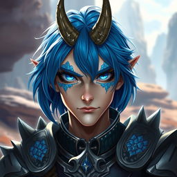 A male Au Ra character, visualized from the waist up, featuring medium length blue hair cascading around his face