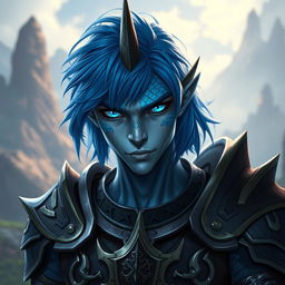 A male Au Ra character, visualized from the waist up, featuring medium length blue hair cascading around his face