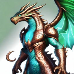 A stunning dyd style digital art that illustrates a humanoid bronze dragon with copper-colored scales, exuding a light blue sheen