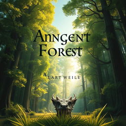An engaging book cover design that conveys a sense of adventure and mystery, featuring a majestic ancient forest with tall, vibrant green trees, and scattered sunlight filtering through the leaves