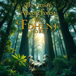 An engaging book cover design that conveys a sense of adventure and mystery, featuring a majestic ancient forest with tall, vibrant green trees, and scattered sunlight filtering through the leaves