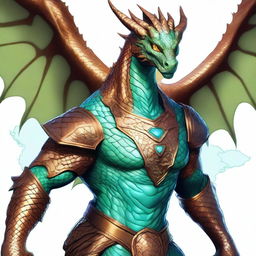 A stunning dyd style digital art that illustrates a humanoid bronze dragon with copper-colored scales, exuding a light blue sheen