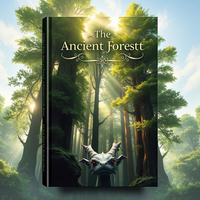 An engaging book cover design that conveys a sense of adventure and mystery, featuring a majestic ancient forest with tall, vibrant green trees, and scattered sunlight filtering through the leaves