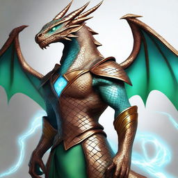 A stunning dyd style digital art that illustrates a humanoid bronze dragon with copper-colored scales, exuding a light blue sheen