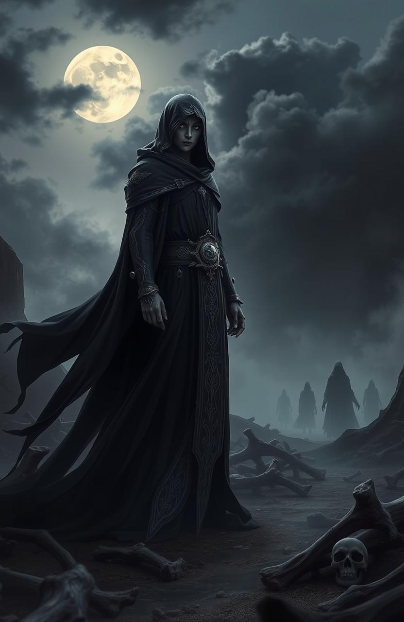 A dark fantasy scene inspired by 'The Bones of Leviathan' featuring a mysterious and ethereal main character chosen by the god of death