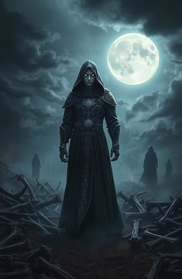 A dark fantasy scene inspired by 'The Bones of Leviathan' featuring a mysterious and ethereal main character chosen by the god of death