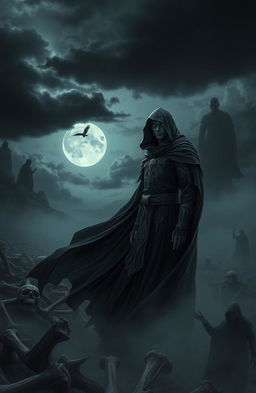 A dark fantasy scene inspired by 'The Bones of Leviathan' featuring a mysterious and ethereal main character chosen by the god of death