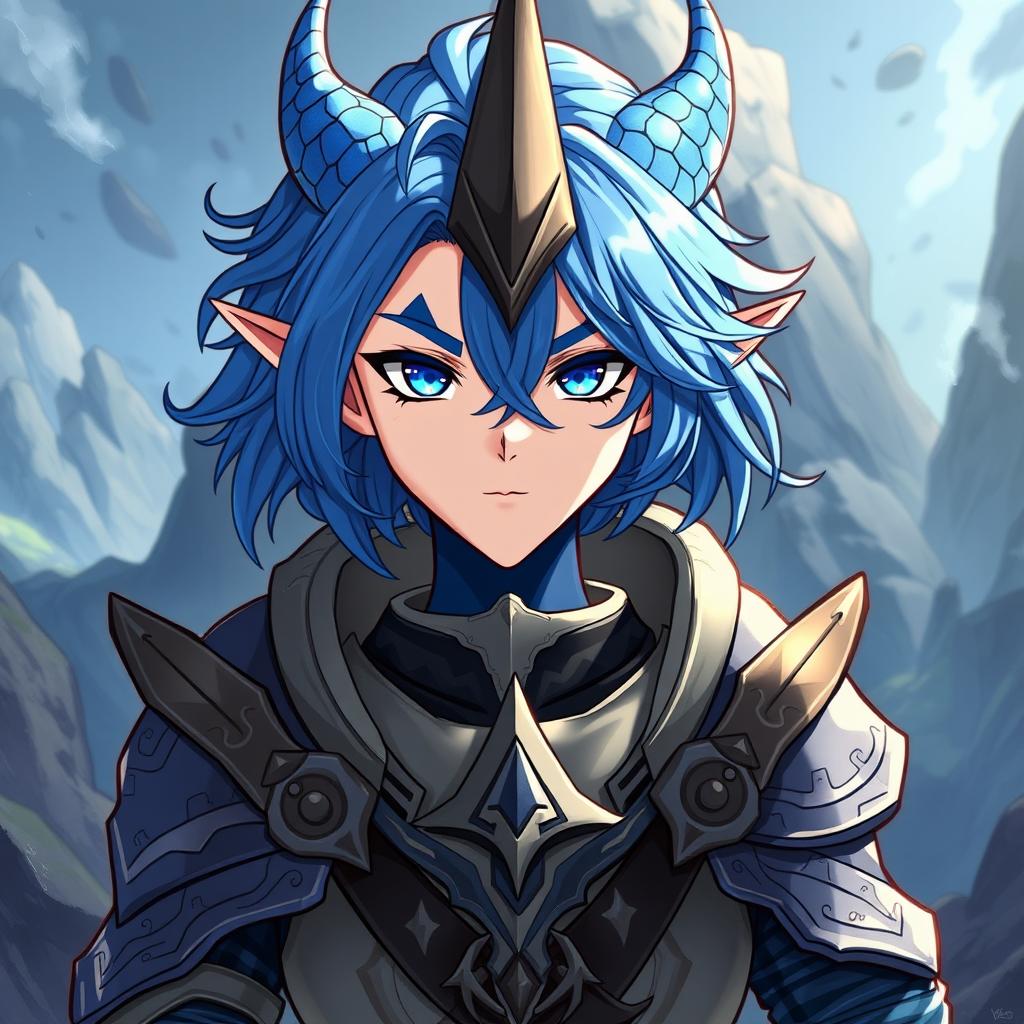A male Au Ra character illustrated from the waist up, showcasing medium length blue hair that flows gracefully around his face