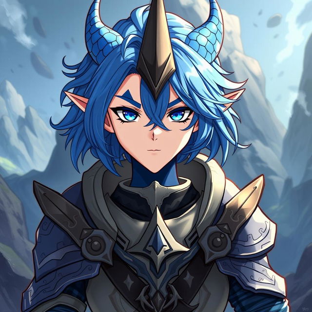 A male Au Ra character illustrated from the waist up, showcasing medium length blue hair that flows gracefully around his face