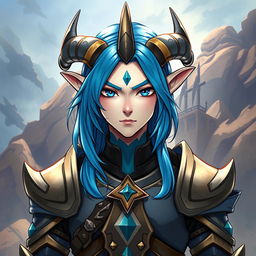 A male Au Ra character illustrated from the waist up, showcasing medium length blue hair that flows gracefully around his face