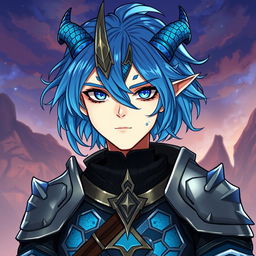 A male Au Ra character illustrated from the waist up, showcasing medium length blue hair that flows gracefully around his face