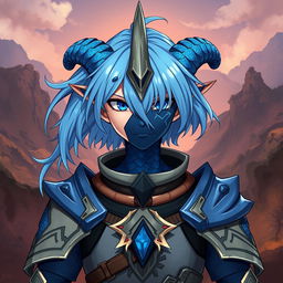 A male Au Ra character illustrated from the waist up, showcasing medium length blue hair that flows gracefully around his face
