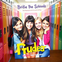 A vibrant and engaging book cover featuring three girls huddled together in a school hallway, smiling brightly