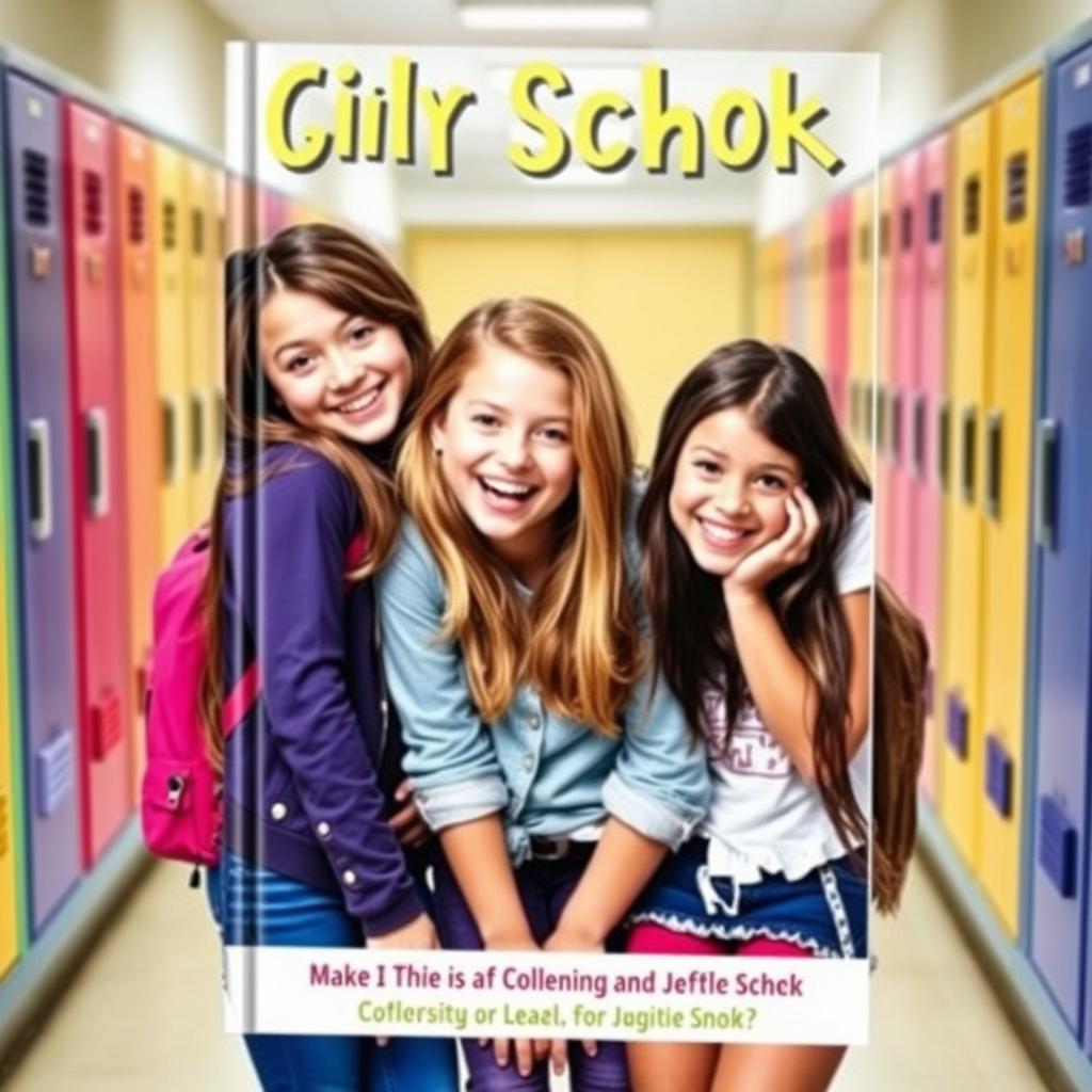 A vibrant and engaging book cover featuring three girls huddled together in a school hallway, smiling brightly