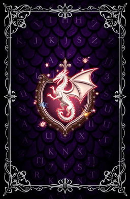 A fantasy novel cover featuring a background of dark purple dragon scales intricately detailed with glowing rune markings embedded in the scales