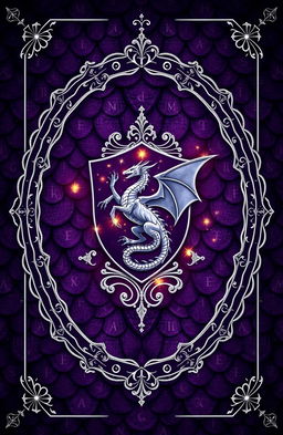 A fantasy novel cover featuring a background of dark purple dragon scales intricately detailed with glowing rune markings embedded in the scales