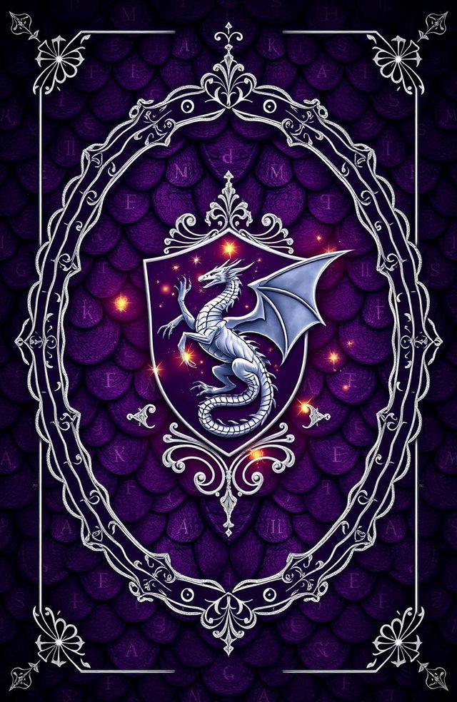 A fantasy novel cover featuring a background of dark purple dragon scales intricately detailed with glowing rune markings embedded in the scales