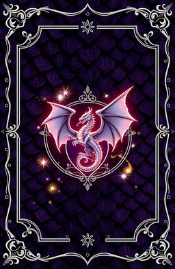 A fantasy novel cover featuring a background of dark purple dragon scales intricately detailed with glowing rune markings embedded in the scales
