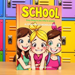A vibrant book cover featuring three animated girls huddled together, smiling brightly