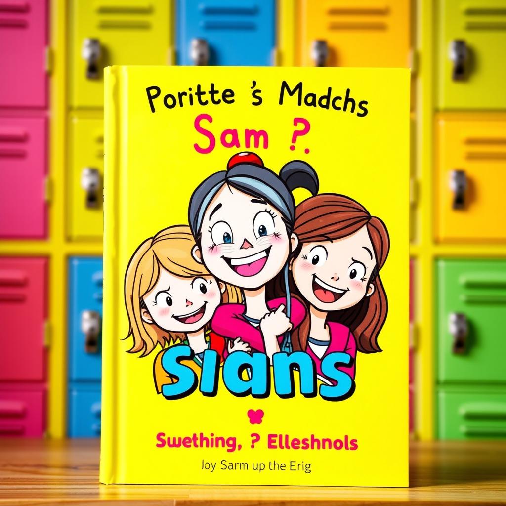 A vibrant book cover featuring three animated girls huddled together, smiling brightly