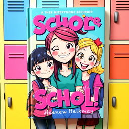 A vibrant book cover featuring three animated girls huddled together, smiling brightly