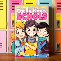 A vibrant book cover featuring three animated girls huddled together, smiling brightly