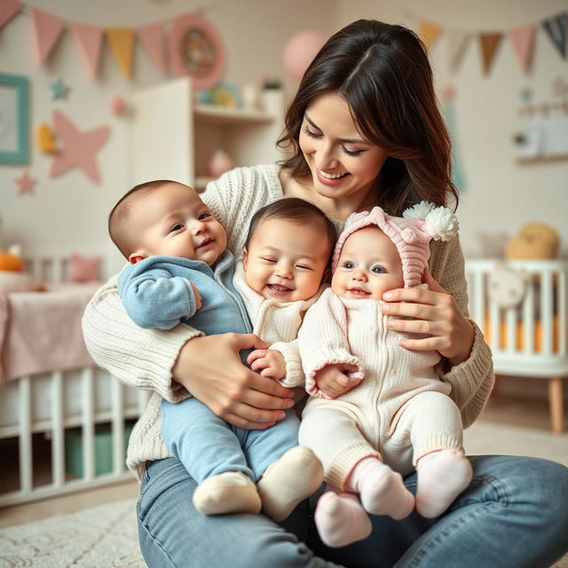 A tender and heartwarming scene of a mother lovingly caring for her adorable twins