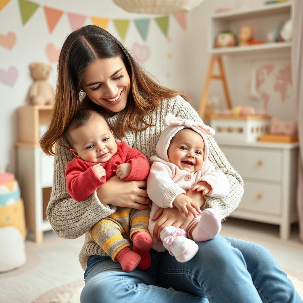A tender and heartwarming scene of a mother lovingly caring for her adorable twins