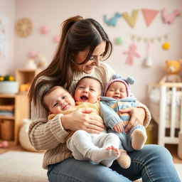 A tender and heartwarming scene of a mother lovingly caring for her adorable twins