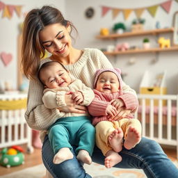 A tender and heartwarming scene of a mother lovingly caring for her adorable twins