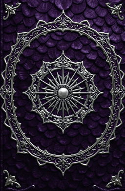 A fantasy art novel cover featuring a thin silver filigree border surrounding a background of dark purple dragon scales