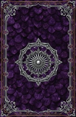 A fantasy art novel cover featuring a thin silver filigree border surrounding a background of dark purple dragon scales