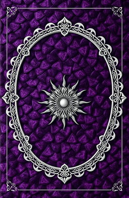 A fantasy art novel cover featuring a thin silver filigree border surrounding a background of dark purple dragon scales